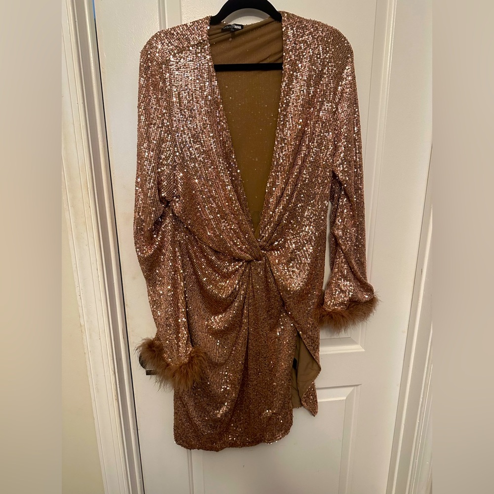 Rosegold Sequin dress with feathers on the arm sleeves. Worn once